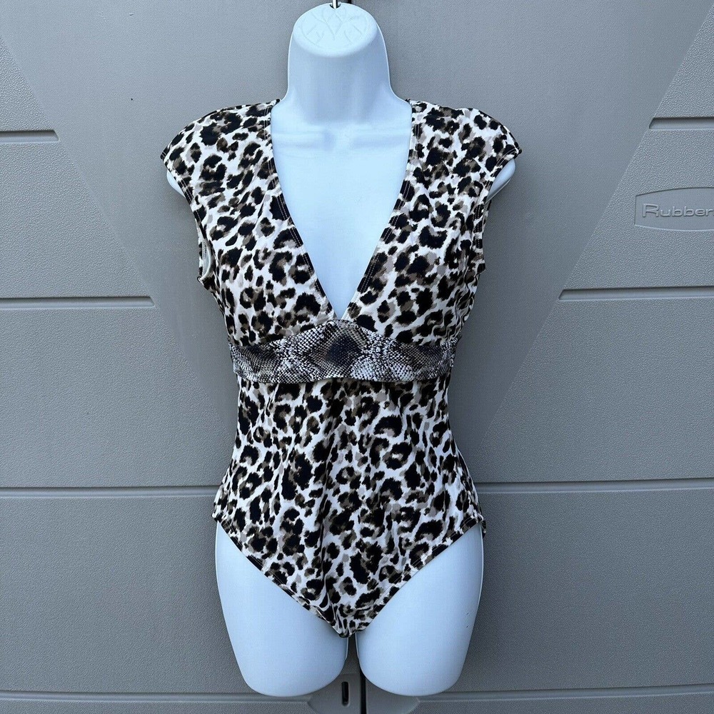 Bleu Rod Beattie Leopard Print Cap Sleeve Mio One Piece Swimsuit, US 8